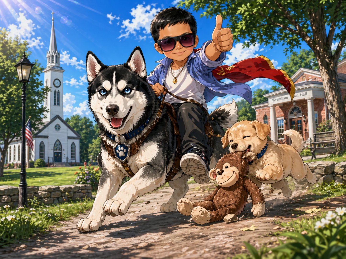 Illustration of a kid riding a husky past Wrentham town hall and the church on the common