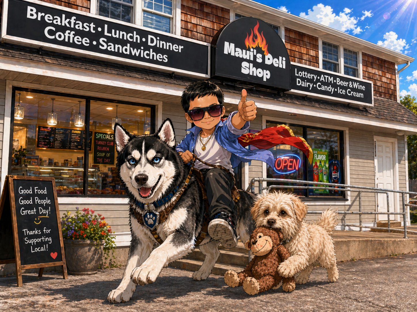 Illustrated storefront of Maui's Deli & Shop in Wrentham, MA — a friendly kid, a husky, a little dog, and a chalkboard that reads Good Food · Good People · Great Day